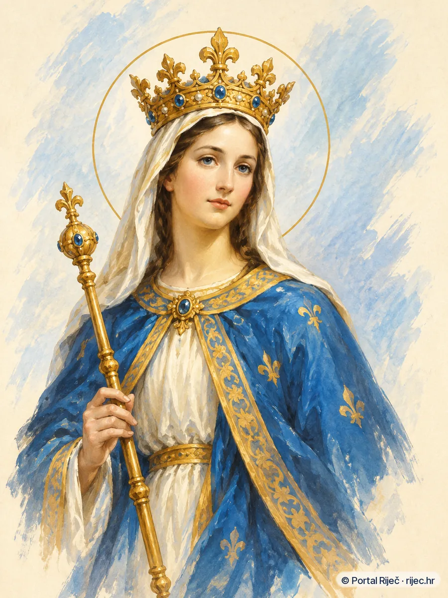 Djevica Marija kao Kraljica neba u plavo-zlatnom ruhu sa zlatnom krunom i zezlom - ilustracija