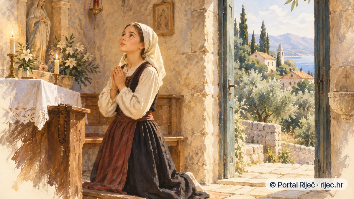 Mlada Marija Petkovic moli na koljenima u kamenoj kapelici u Blatu na Korculi, kroz vrata masline i cempresi - ilustracija