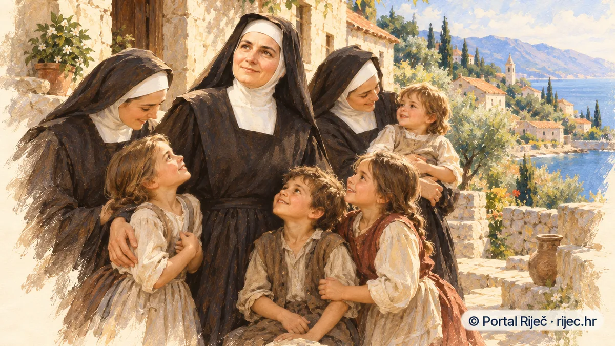Marija Petkovic i prve sestre Kceri Milosrda s napustenom djecom ispred kamene kuce u Blatu 1920. - ilustracija