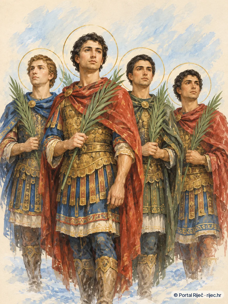 Sveti mucenici sebastski u bizantskoj vojnickoj odori na zaledenom tlu s palmama mucenistva - ilustracija