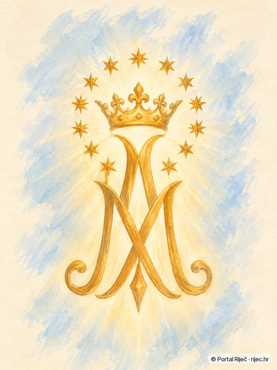Presveto ime Marijino, zlatni monogram isprepleten s krunom zvijezda u zlatnom sjaju - ilustracija