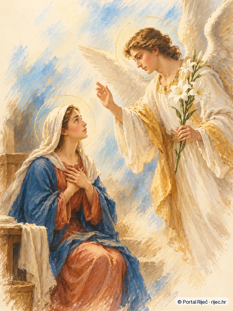 Djevica Marija kleci u molitvi dok joj se javlja andeo Gabrijel s ljiljanom u ruci - ilustracija