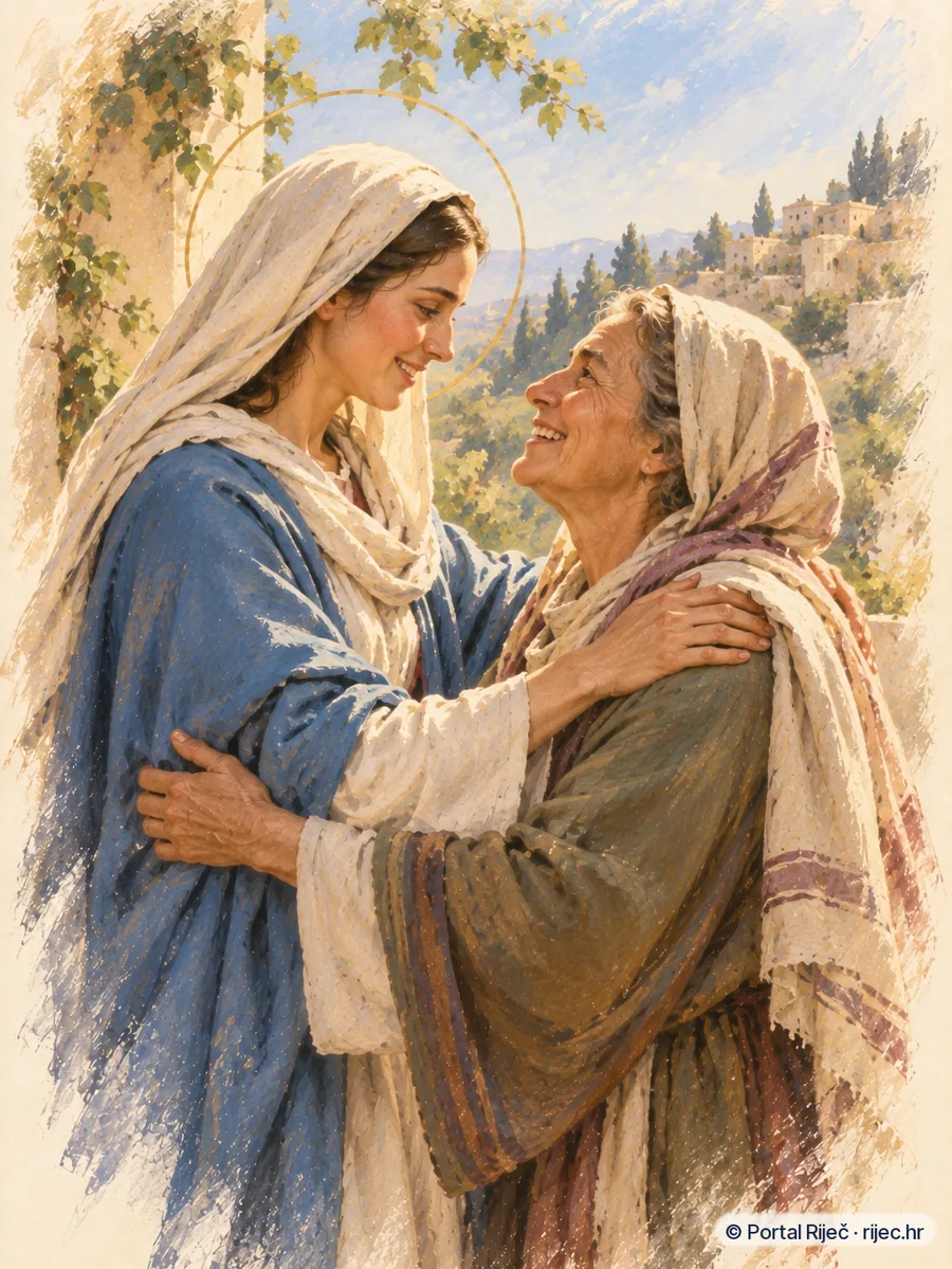 Djevica Marija i starica Elizabeta srdacno se grle u brdovitom kraju Judeje - ilustracija