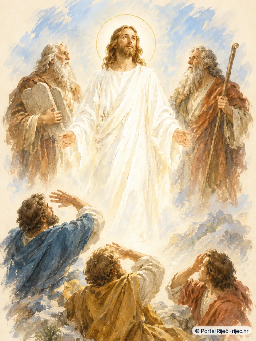 Isus preobrazen na gori u bijelom sjajnom ruhu s Mojsijem i Ilijom, apostoli zaklanjaju oci - ilustracija