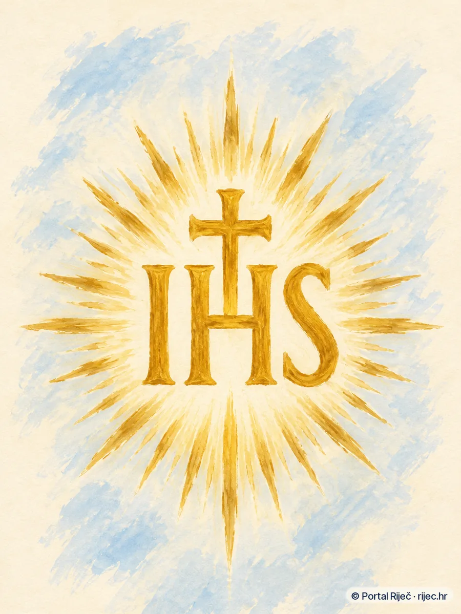Sveto ime Isusovo, zlatni monogram IHS okruzen zrakama sunca u obliku sunceva sjaja - ilustracija