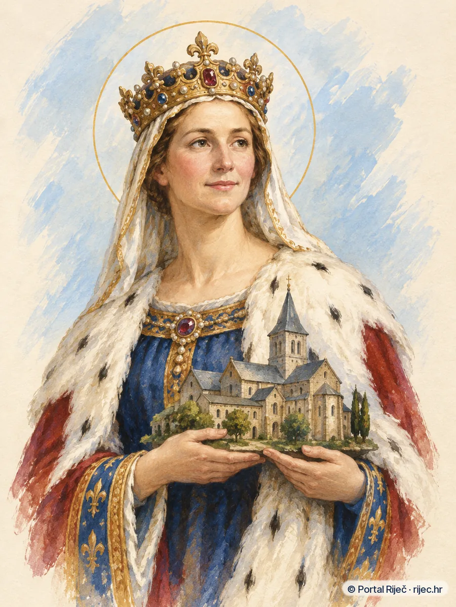 Sveta Adelaida, carica u kraljevskoj haljini s krunom, drzi model samostanske crkve - ilustracija