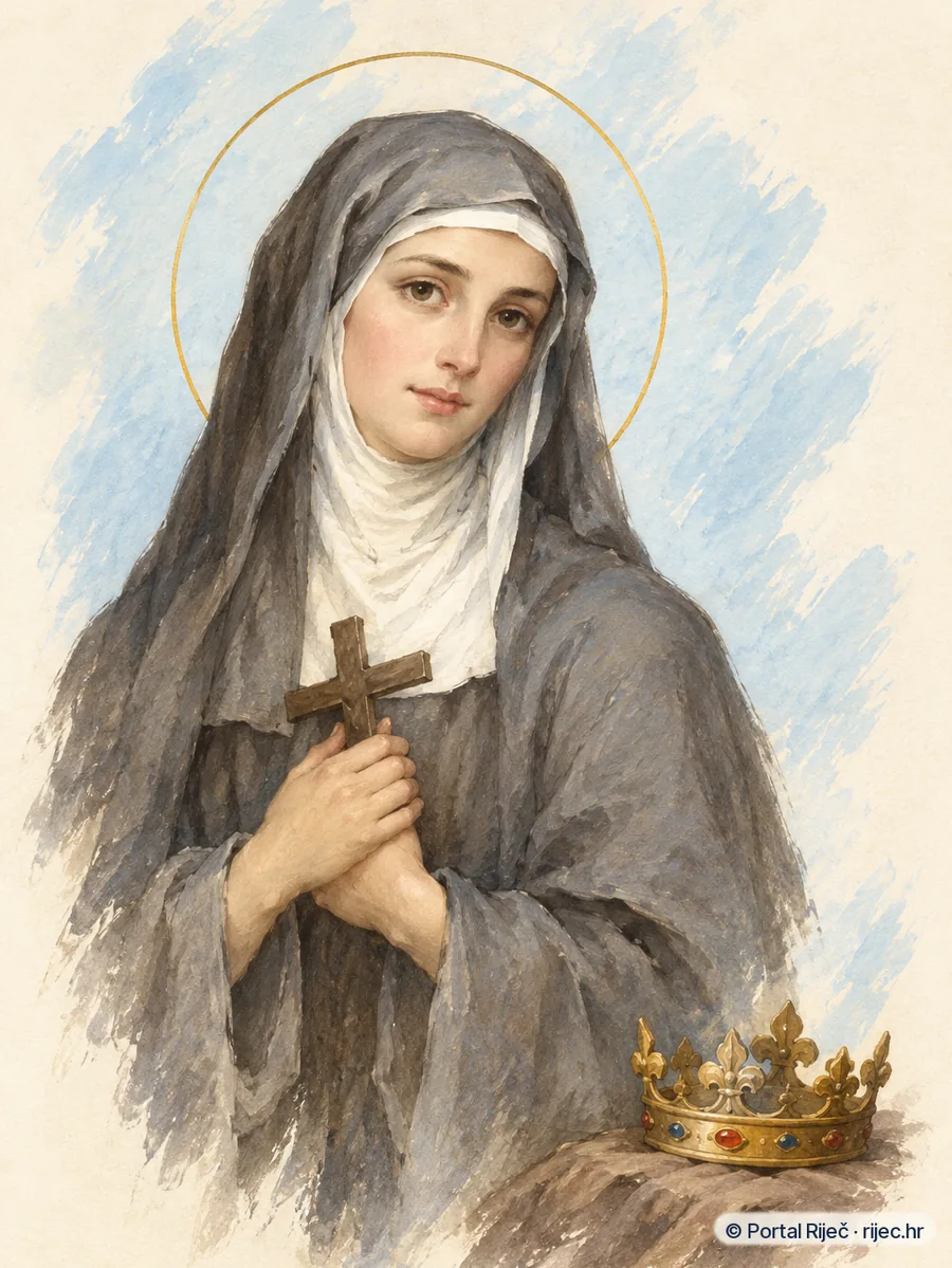 Sveta Agneza Praska u sivom habitu klarisa, kraljevska kruna odlozena kraj nje - ilustracija