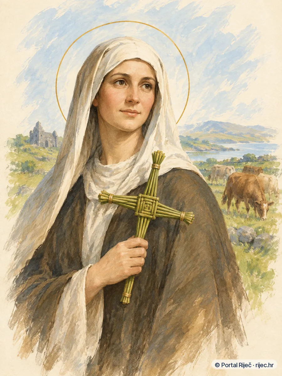 Sveta Brigita Irska opatica s trstikovim krizem uz stado goveda - ilustracija