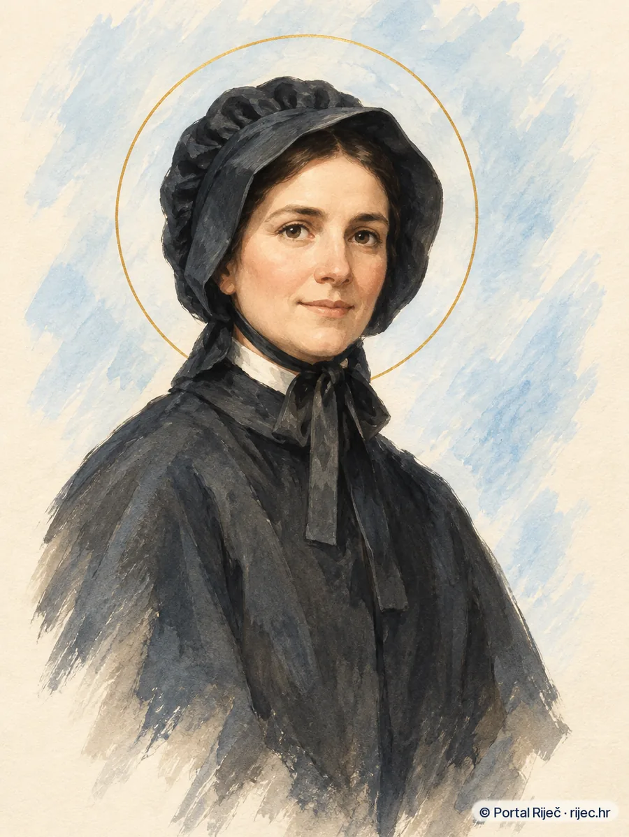 Sveta Elizabeta Ana Seton u tamnom habitu s crnim velom, blaga i odlucna izraza lica - ilustracija