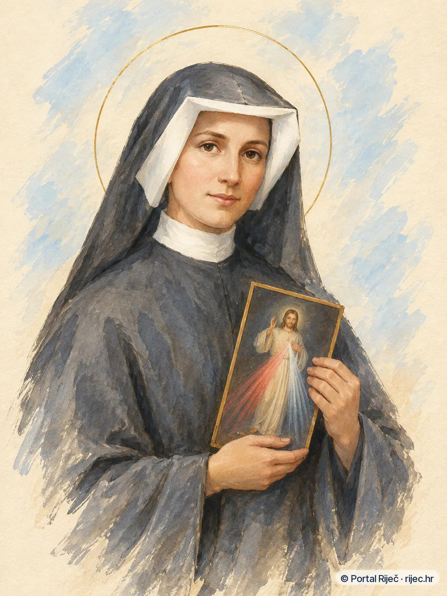 Sveta Faustina Kowalska u sivom habitu drzi sliku Bozjeg milosrda sa zrakama svjetla - ilustracija