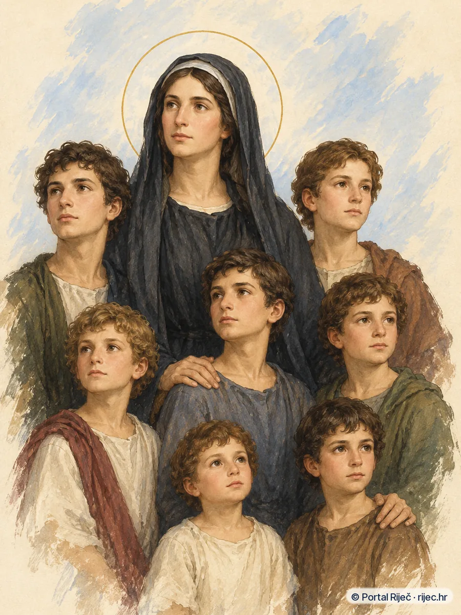 Sveta Felicita u tamnoj stoli i velu okruzena sa sedam sinova - ilustracija