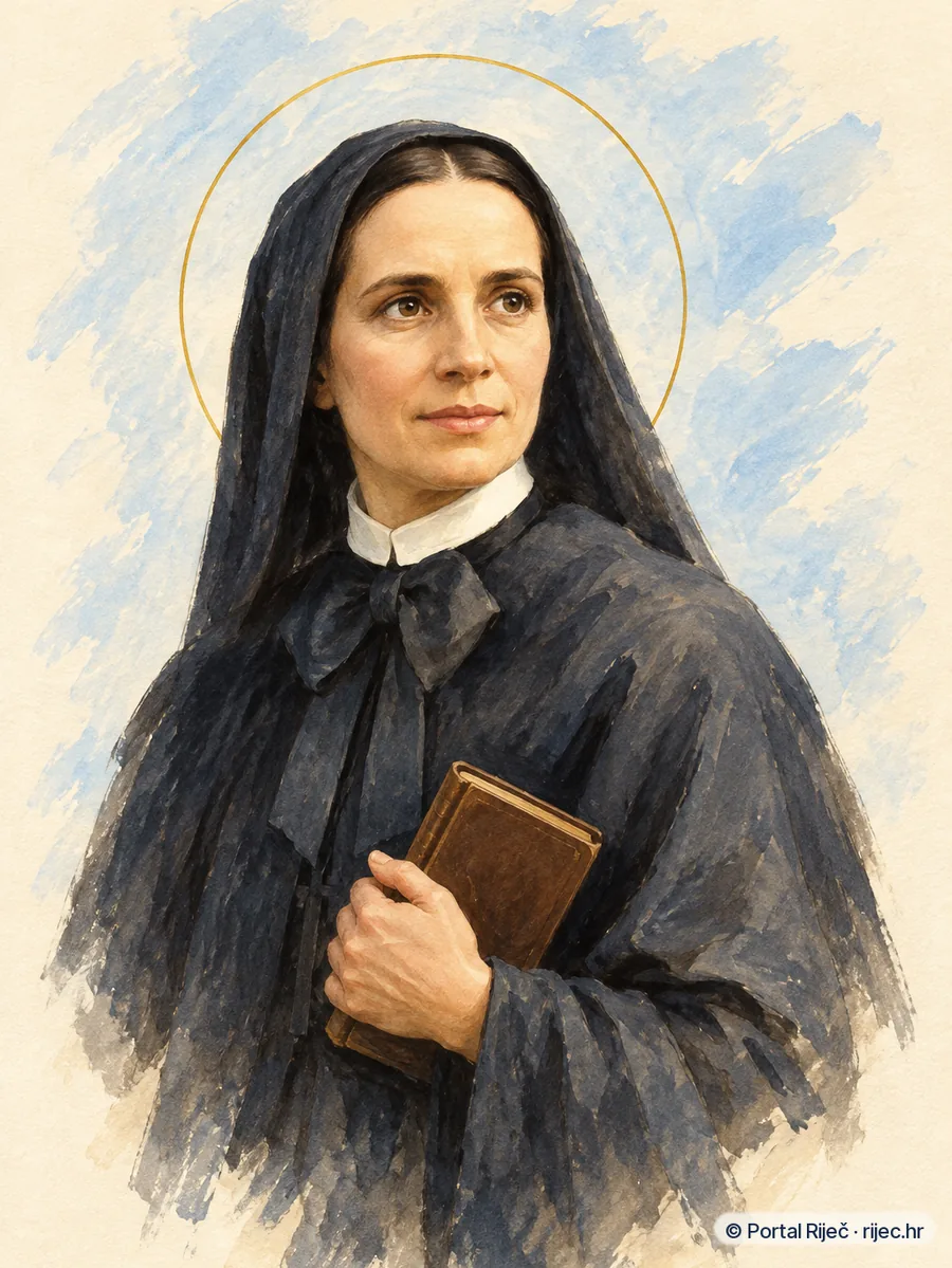 Sveta Frances Xaviera Cabrini u tamnoj redovnickoj haljini s bijelim ovratnikom - ilustracija