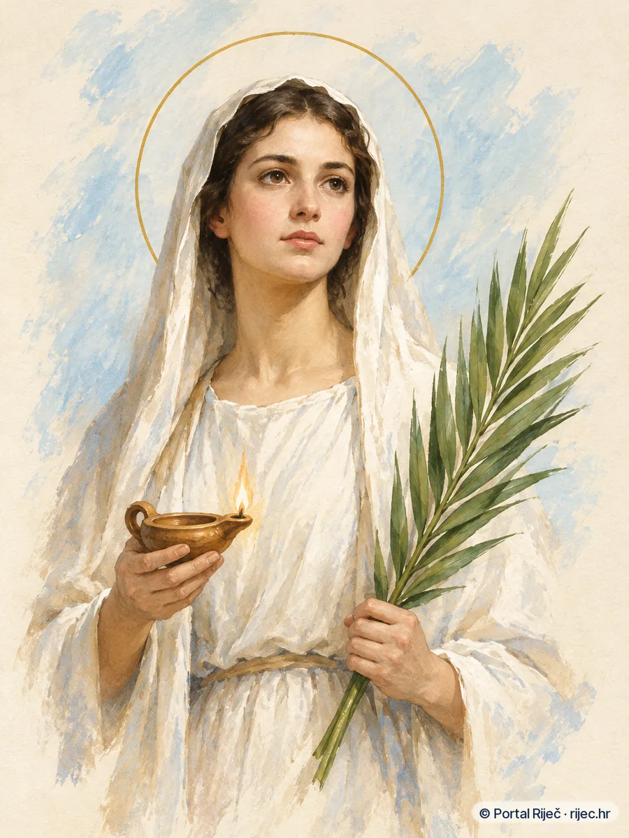 Sveta Irena u bijeloj tunici s velom, drzi uljanicu i palmu mucenistva - ilustracija