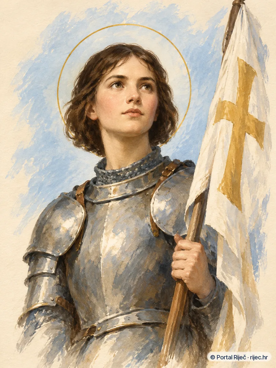 Sveta Ivana Orleanska u srednjovjekovnom oklopu sa stjegom s krizem - ilustracija