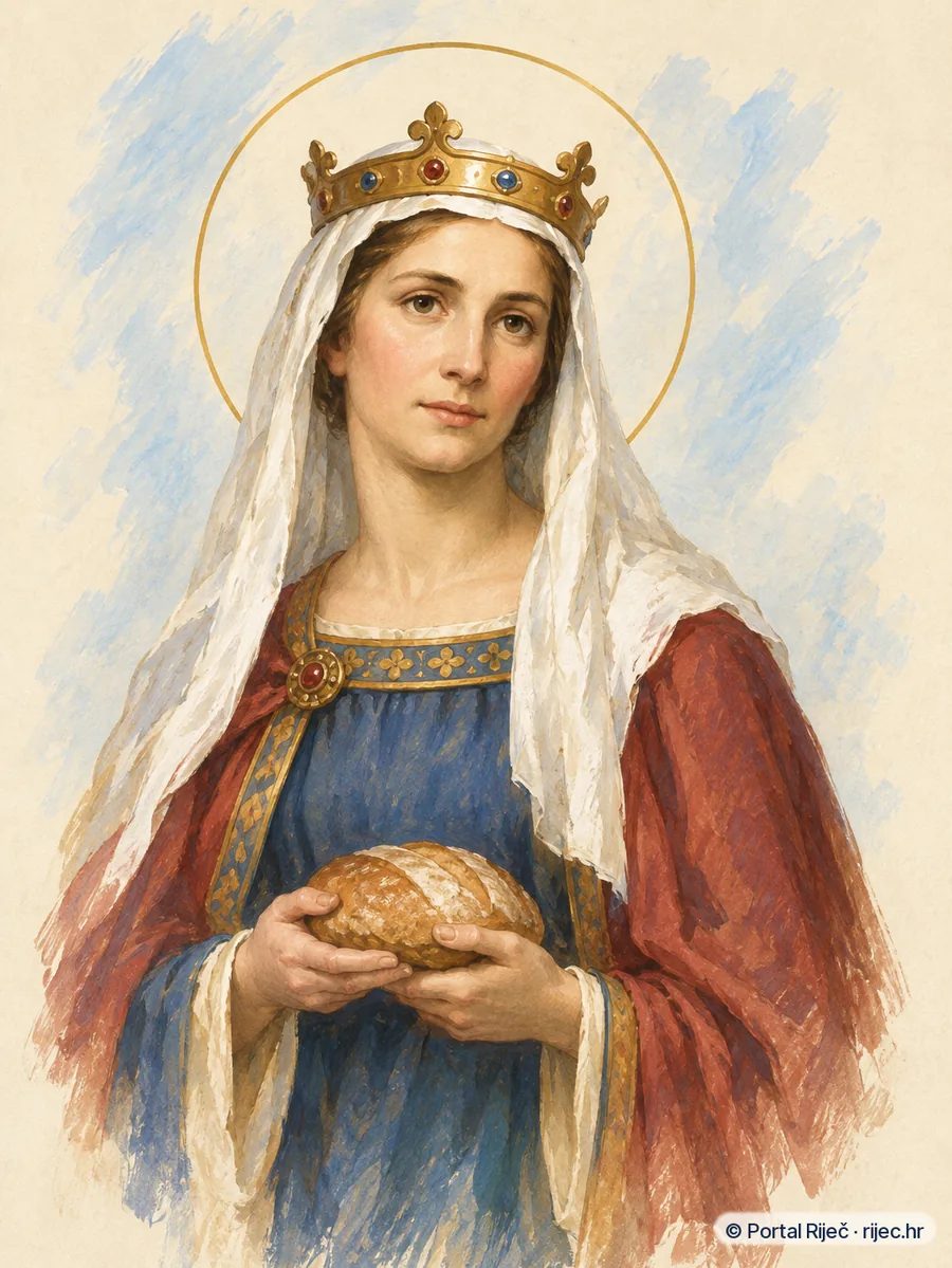 Sveta Mahtilda, njemacka kraljica u haljini s krunom i velom, drzi kruh za siromahe - ilustracija