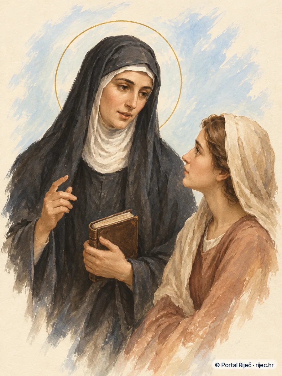 Sveta Makrina Mladja u redovnickoj haljini, s knjigom, poucava mladu zenu - ilustracija