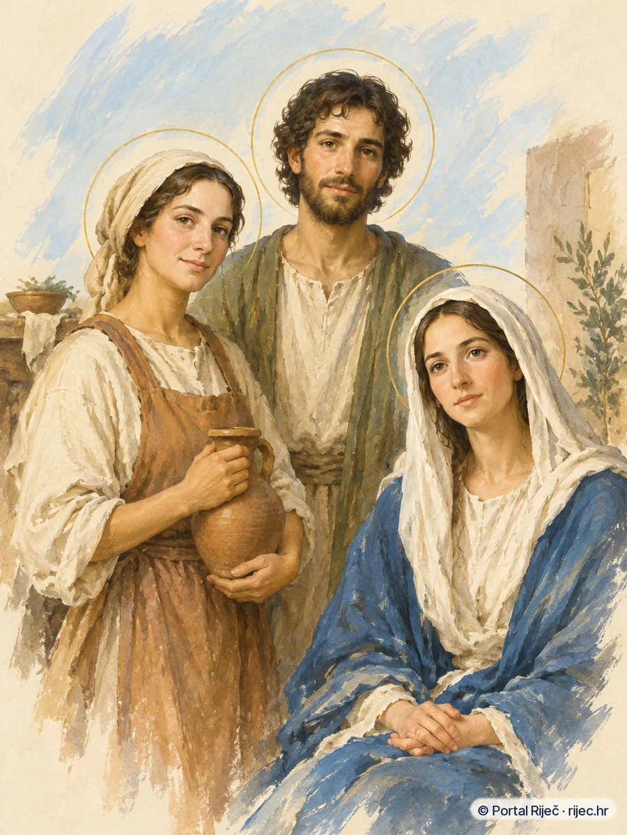 Sveta Marta, Marija i Lazar zajedno u skromnom domu, Marta s vrcem, Marija u molitvi - ilustracija