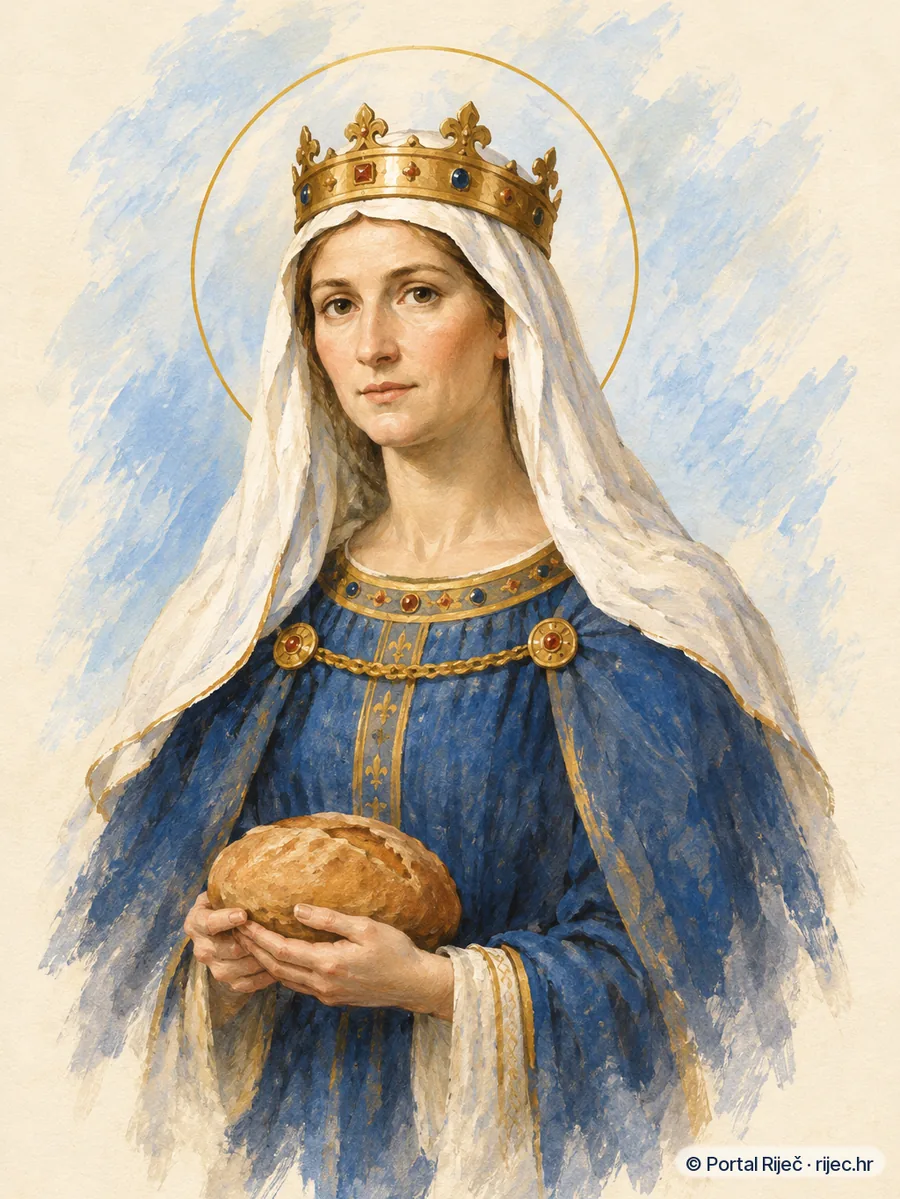Sveta Matilda, njemacka kraljica s krunom i velom, drzi kruh za siromahe - ilustracija