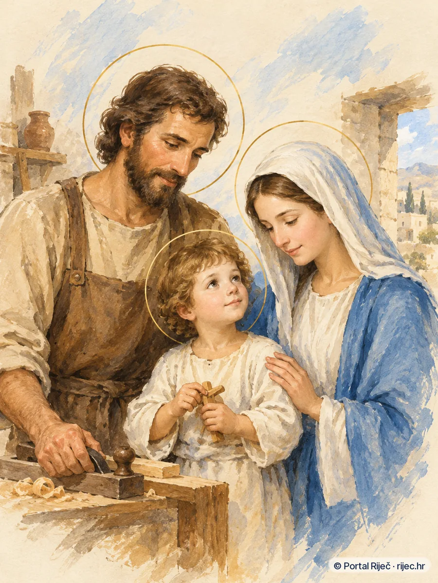 Sveta Obitelj u skromnom domu Nazareta, Josip tesar, Marija u plavom, dijete Isus medju njima - ilustracija