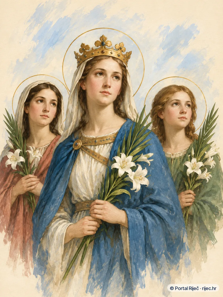 Sveta Ursula i drugarice mucenice u srednjovjekovnim haljinama, s palmama i ljiljanima - ilustracija