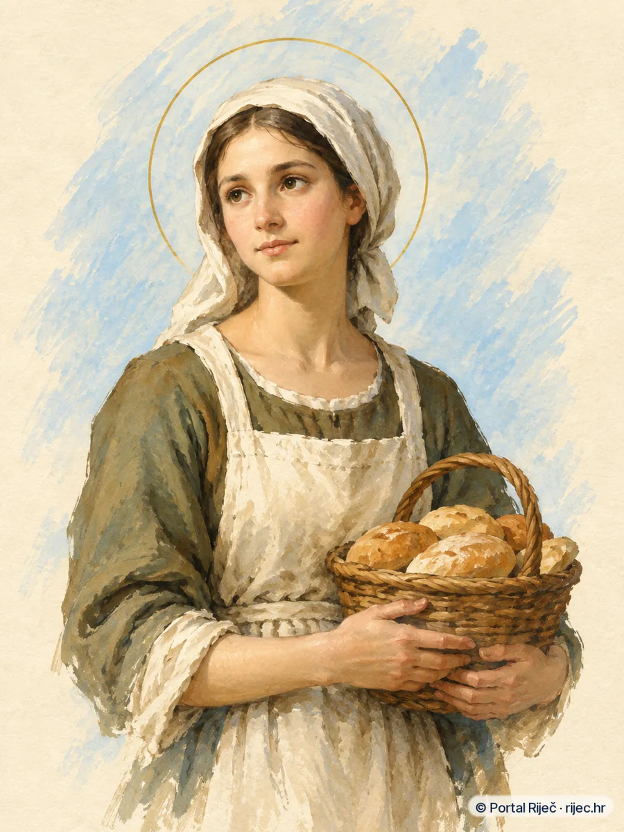 Sveta Zita u pregaci i marami sluskinje, nosi kosaru kruha za siromahe - ilustracija