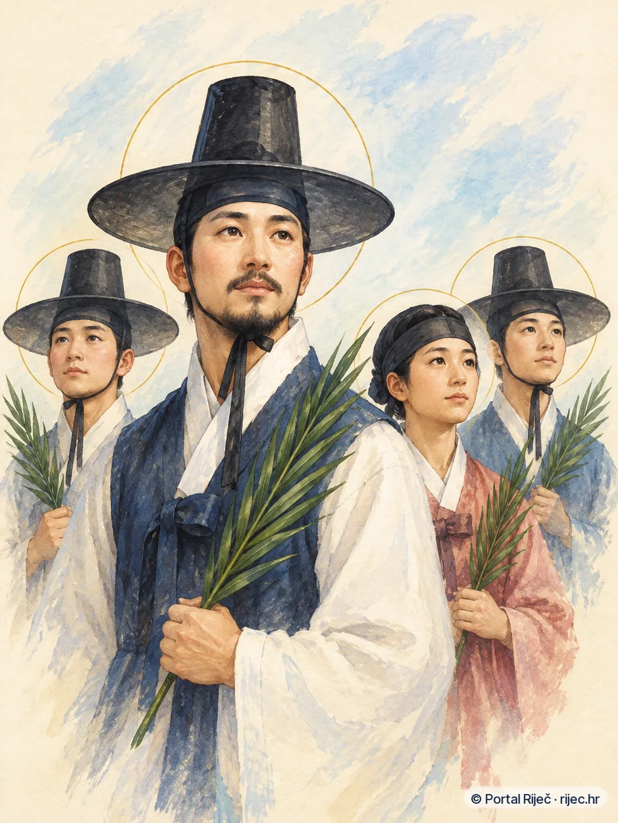 Sveti Andrija Kim Taegon i korejski drugovi u tradicionalnim hanbok ruhima, s palmama mucenistva - ilustracija