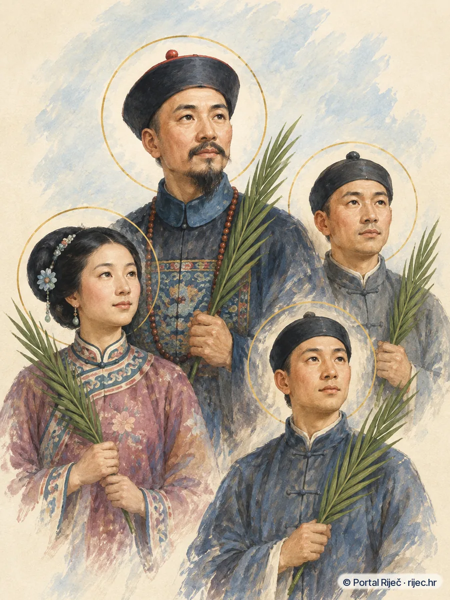 Sveti Augustin Zhao Rong i kineski drugovi u tradicionalnim odorama s mucenickom palmom - ilustracija