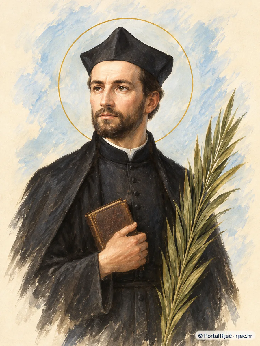 Sveti Edmund Kampijan u crnoj isusovackoj mantiji, s knjigom i palmom mucenistva - ilustracija