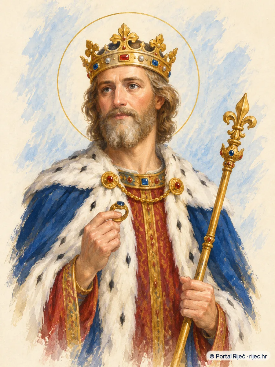 Sveti Edvard Ispovjednik, engleski kralj u kraljevskom plastu s krunom, prstenom i zezlom - ilustracija