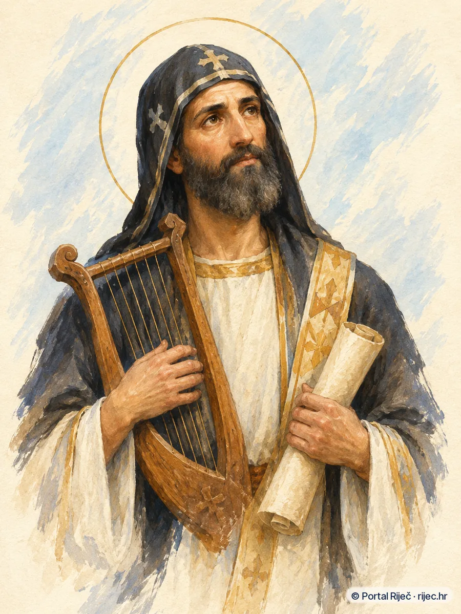 Sveti Efrem Sirski u ranim istocnim dakonskim odorama, s harfom i svitkom pjesama - ilustracija