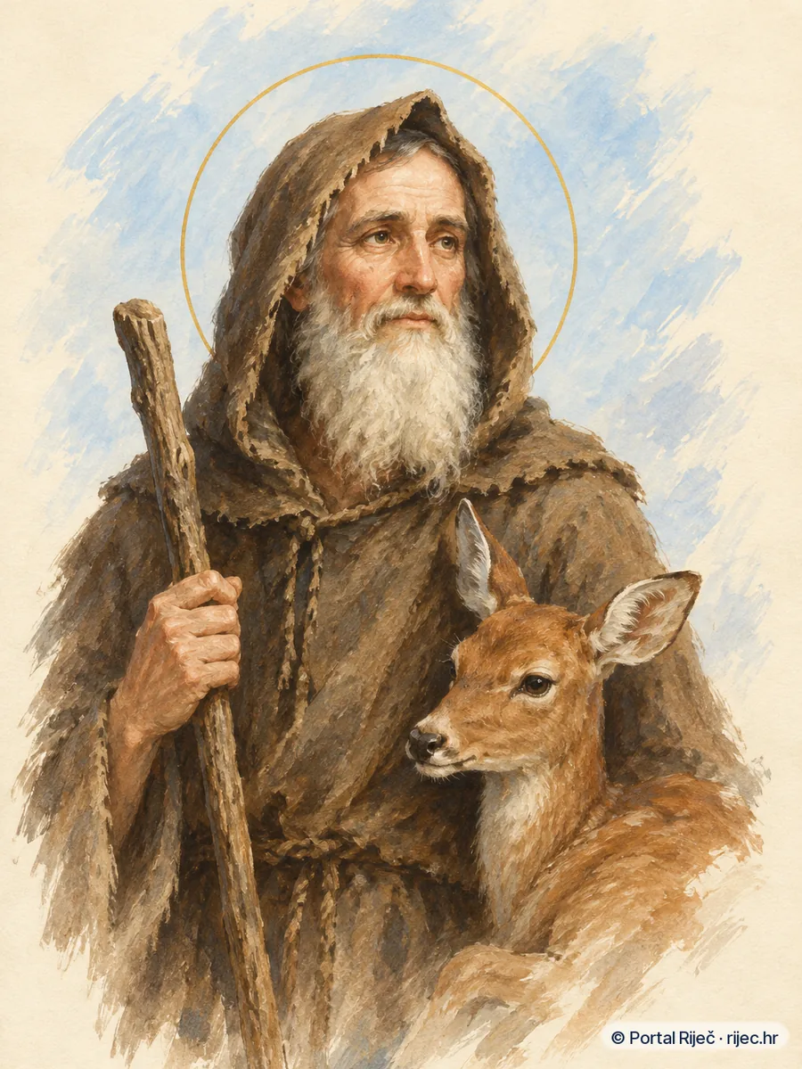 Sveti Egidije, provansalski pustinjak u grubom ruhu, kraj njega odmara srna - ilustracija