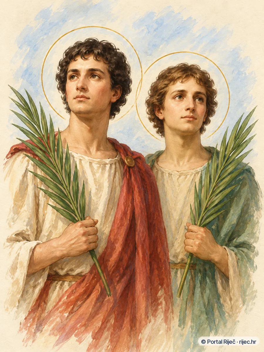 Sveti Feliks i Adaukt u ranorimskim tunikama zajedno s palmama mucenistva - ilustracija