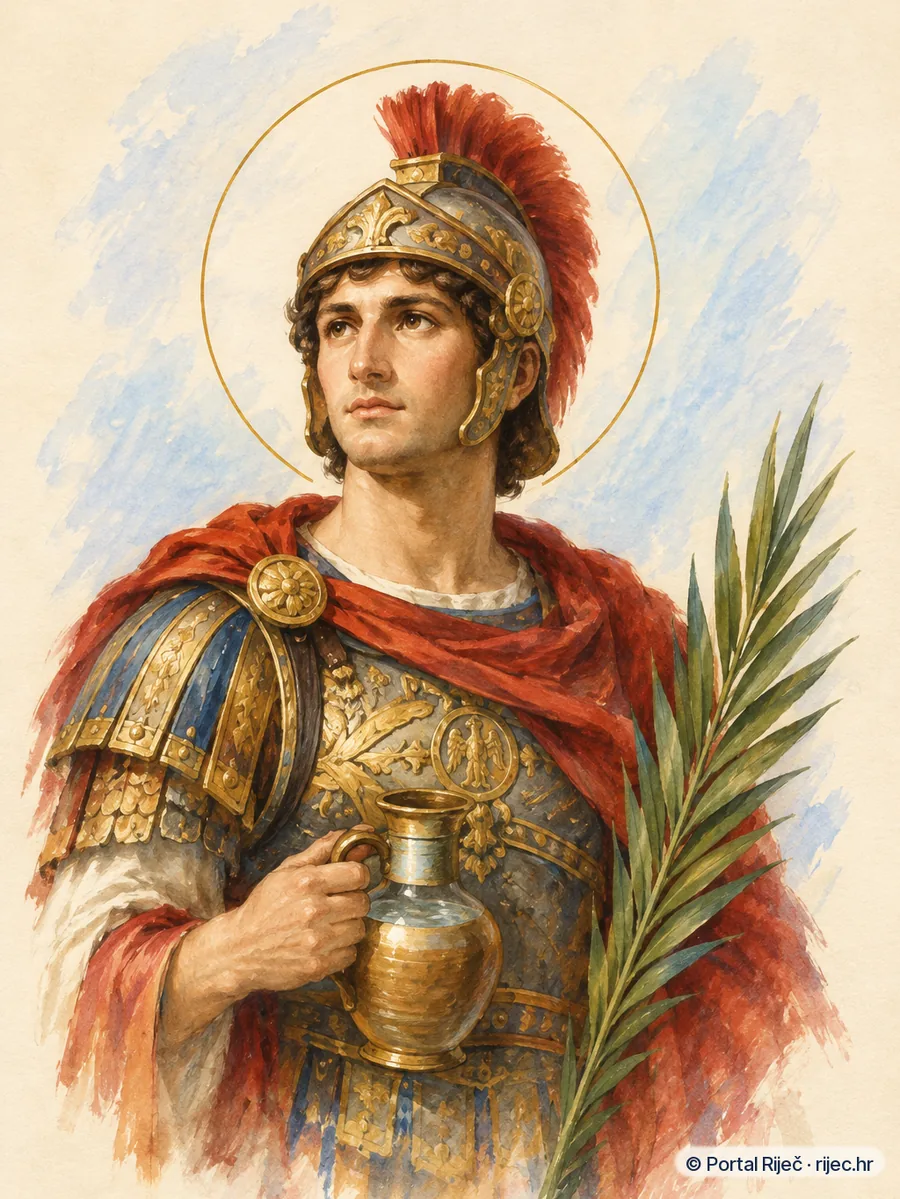 Sveti Florijan u bizantskom oklopu bez oruzja, s posudom vode i palmom mucenistva - ilustracija