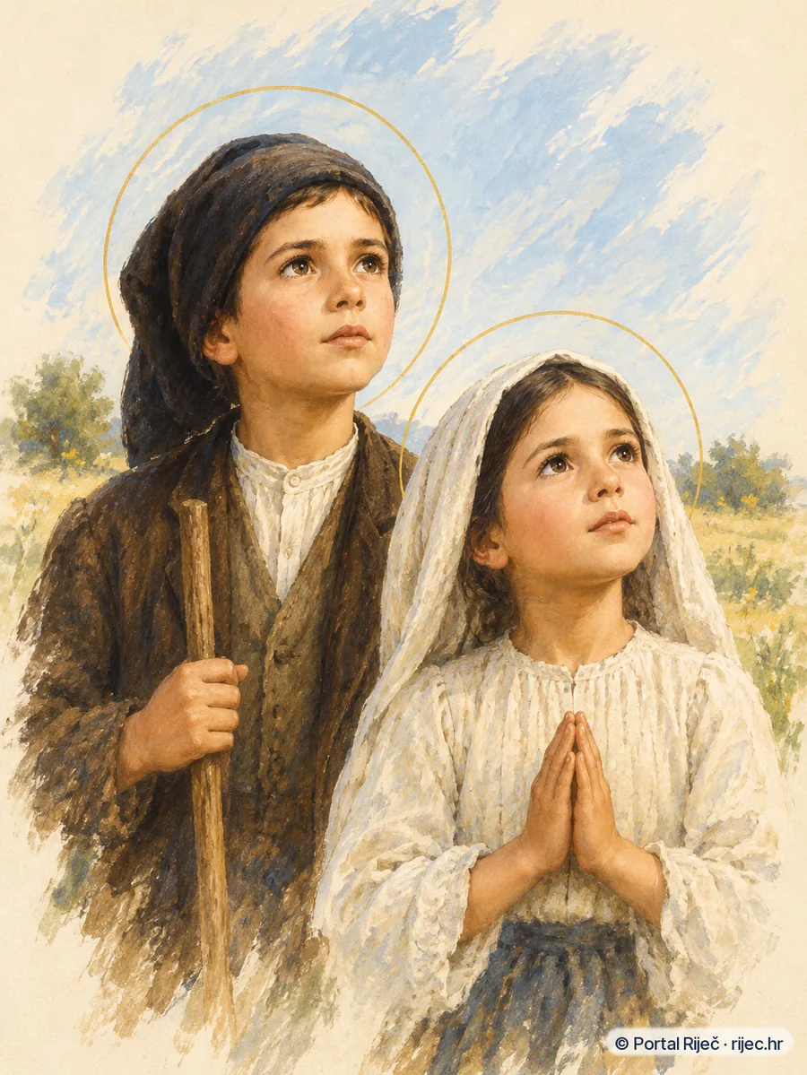 Sveti Franjo i Jacinta Marto u seoskoj odjeci na osuncanom polju gledaju prema nebu - ilustracija
