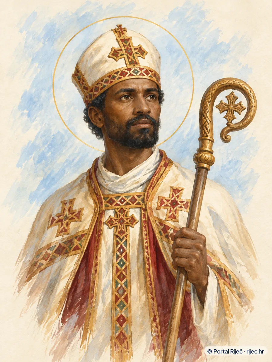 Sveti Frumencije, misionarski biskup Etiopije, u ranim krscanskim odorama, sa stapom - ilustracija