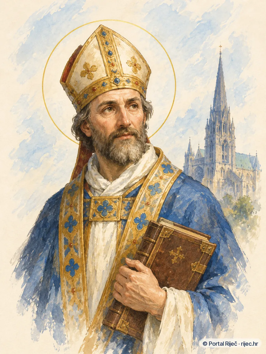 Sveti Fulbert biskup s knjigom i tornjem katedrale Chartres u pozadini - ilustracija
