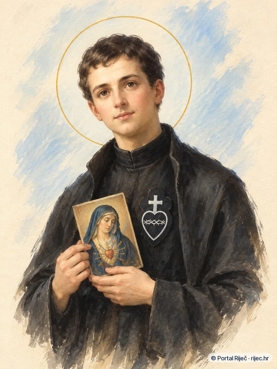 Sveti Gabrijel od Zalosne Gospe mladi pasionist s amblemom srca i kriza na habitu - ilustracija