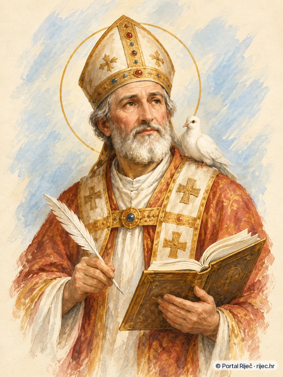 Sveti Grgur Veliki u papinskom ruhu s mitrom, s perom, knjigom i golubicom na ramenu - ilustracija