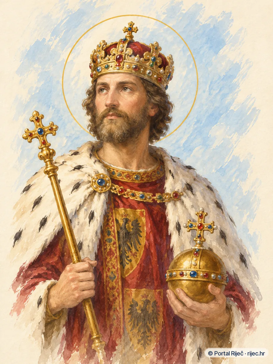 Sveti Henrik u kraljevskom plastu obrubljenom hermelinom, s krunom, jabukom i zezlom - ilustracija