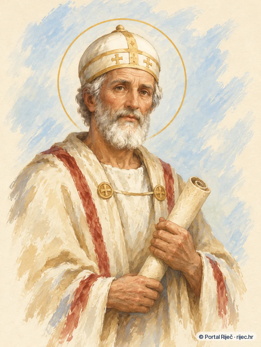 Sveti Higin, papa, u ranim papinskim odorama, starac ponizna i drevna drzanja, drzi svitak - ilustracija