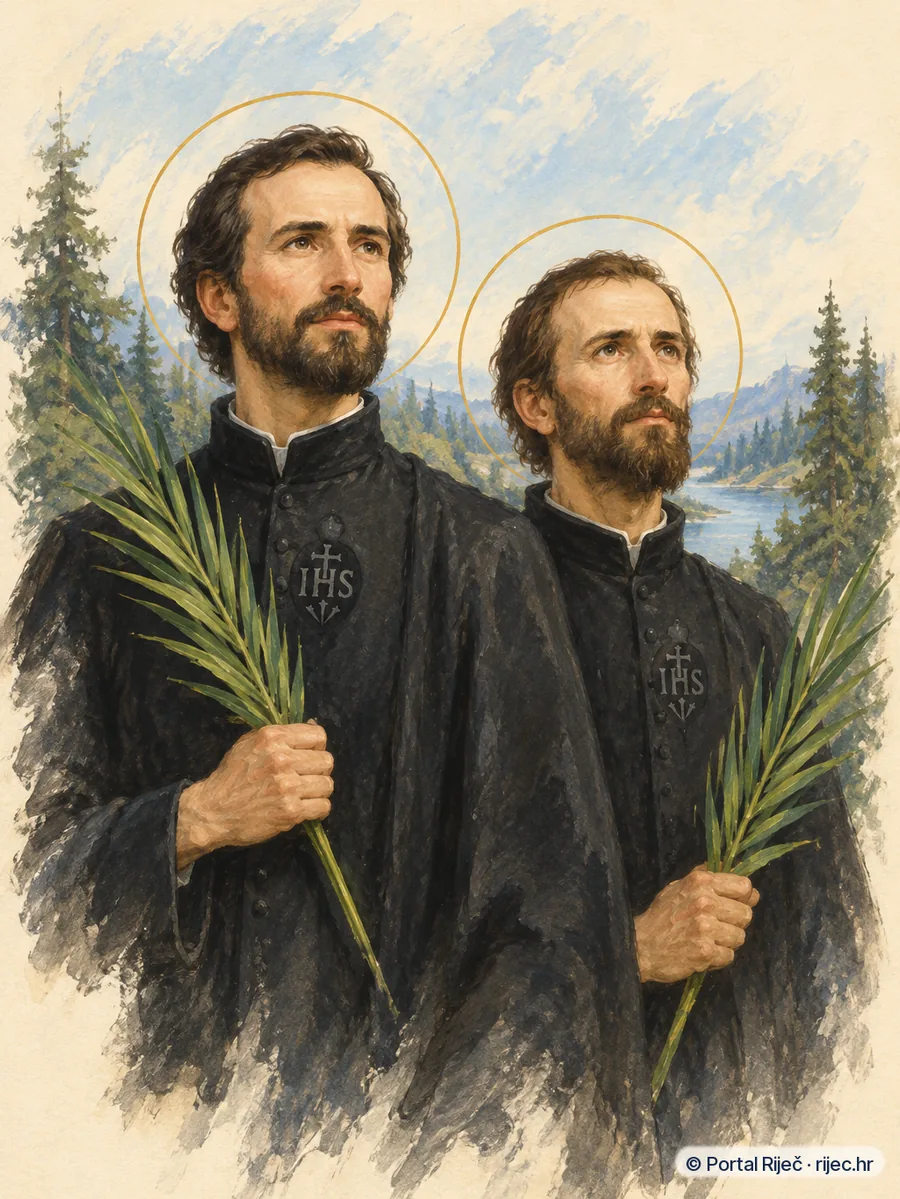 Sveti Ivan de Brebeuf i Izak Jogues u crnim isusovackim mantijama s mucenickom palmom u sumi - ilustracija