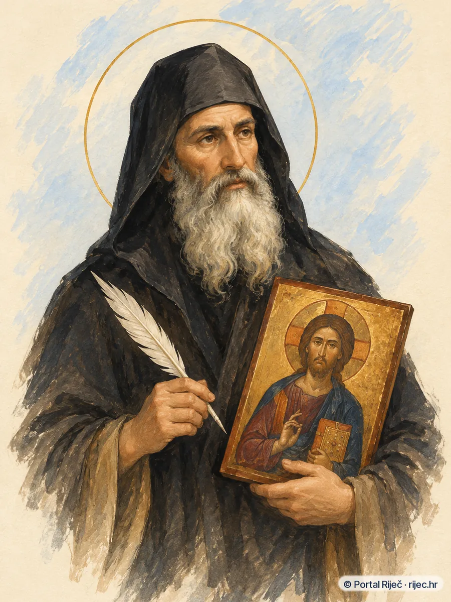 Sveti Ivan Damascanski u istocnjackom monaskom ruhu s crnom kukuljicom, drzi ikonu i pero - ilustracija