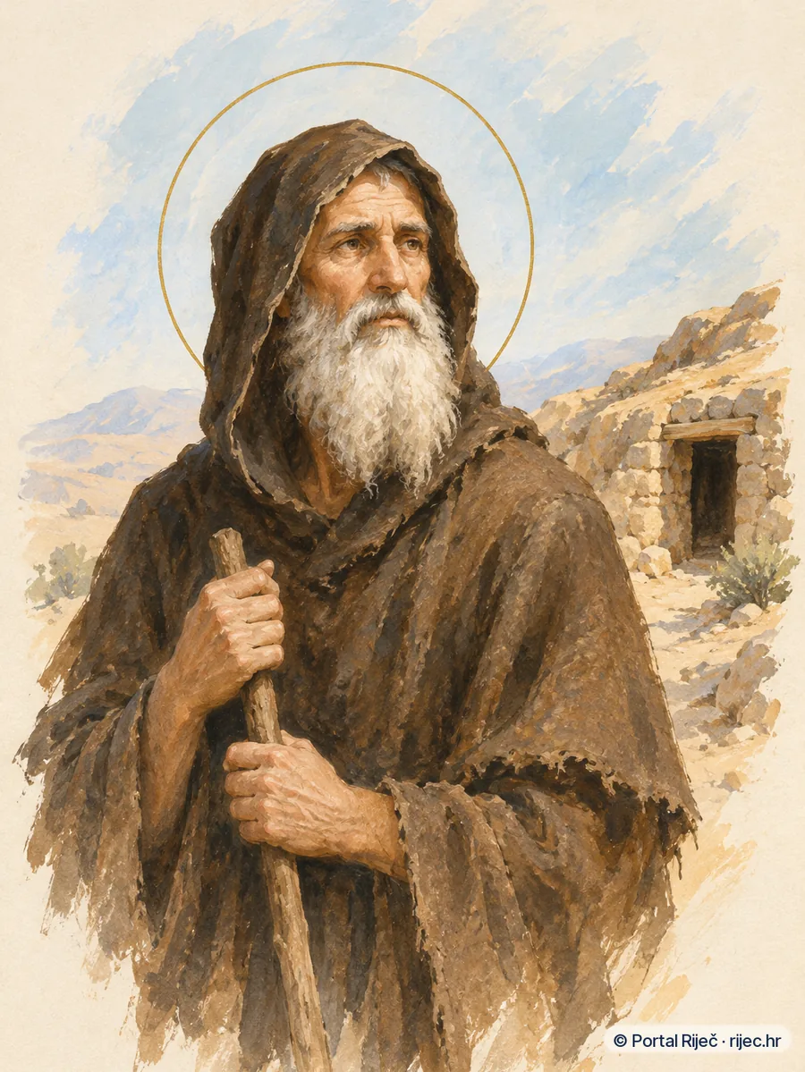 Sveti Ivan pustinjak starac u grubom ogrtacu pred pustinjskom celijom - ilustracija