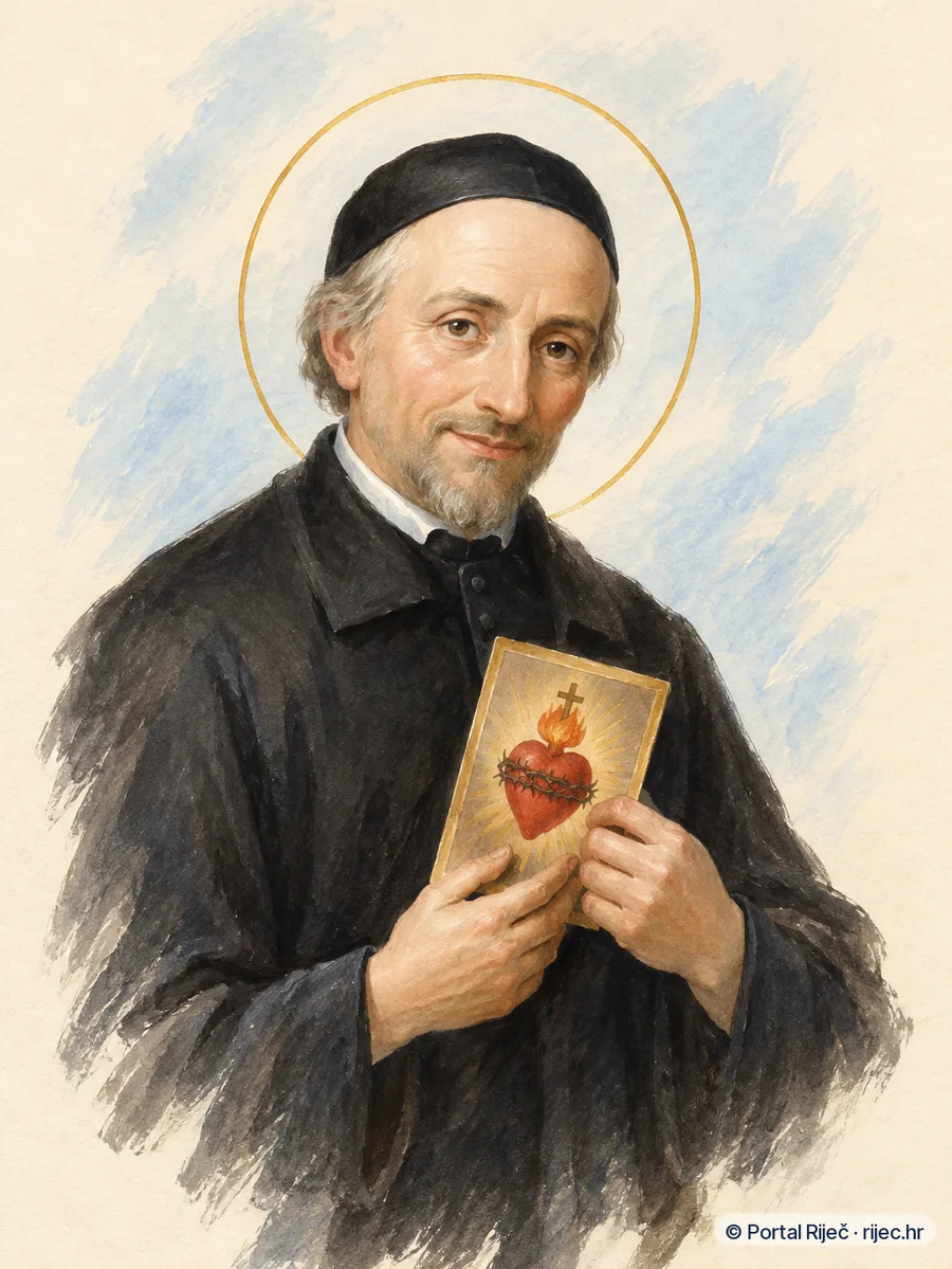 Sveti Ivan Eudes u crnoj svecenickoj mantiji, drzi sliku Presvetog Srca - ilustracija