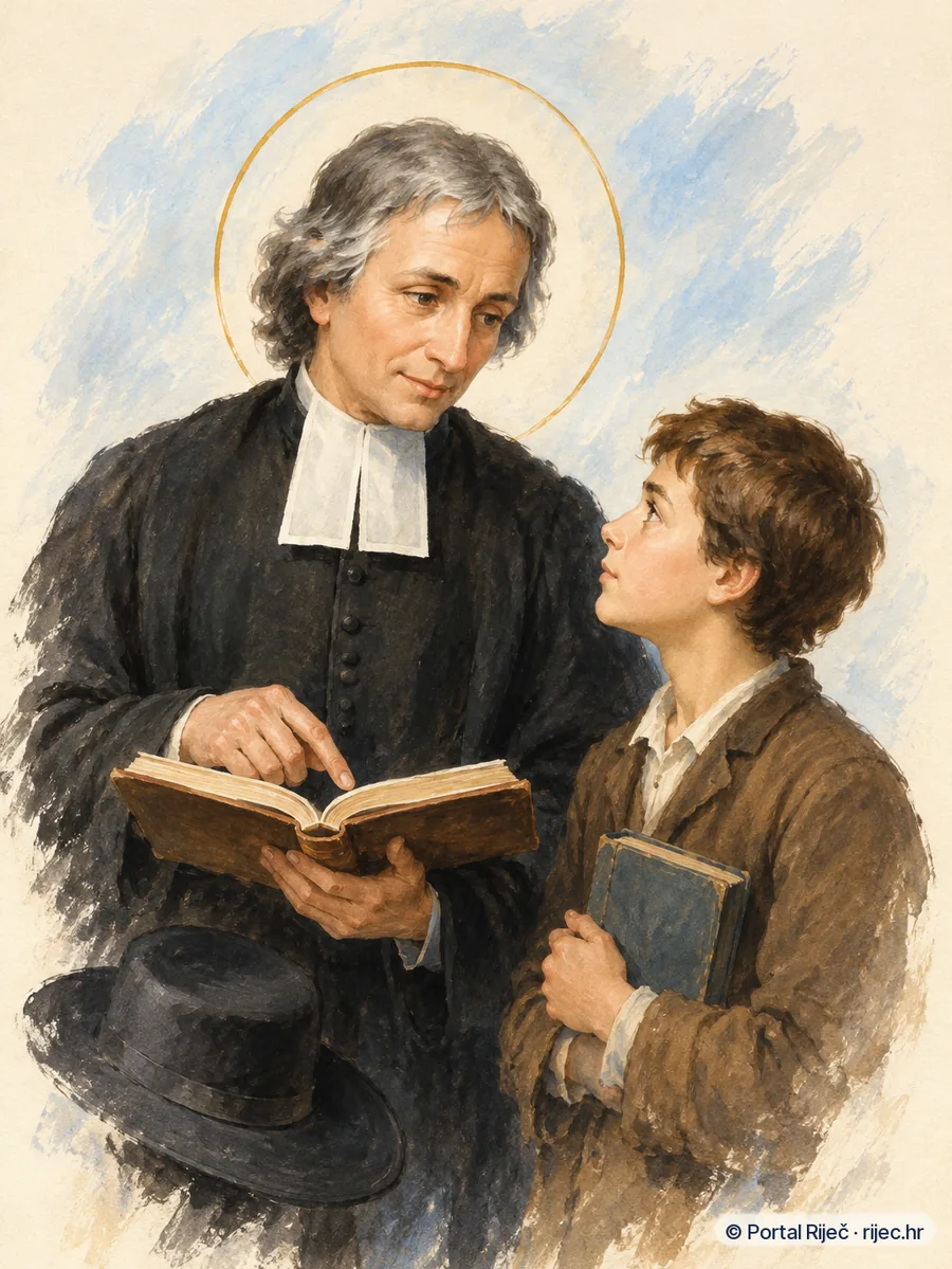 Sveti Ivan Krstitelj de la Salle u crnoj mantiji s knjigom, pored mladog ucenika - ilustracija