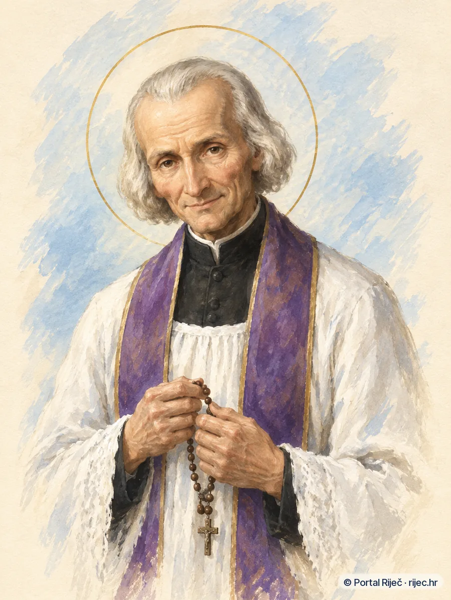 Sveti Ivan Marija Vianney u crnoj mantiji i bijeloj komzi s ljubicastom stolom, drzi krunicu - ilustracija