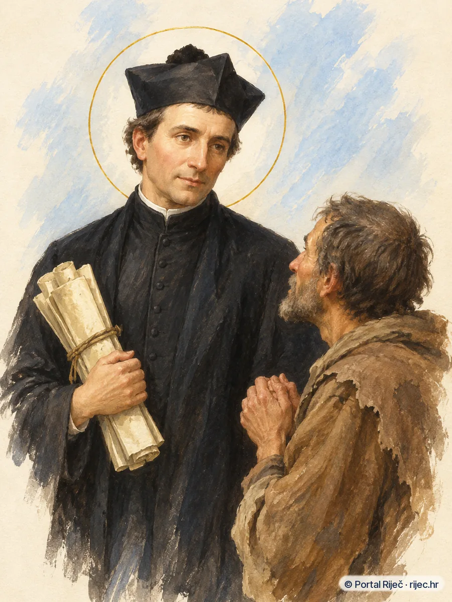 Sveti Ivo Bretonski svecenik i pravnik sa svitkom uz siromasnog prosica - ilustracija