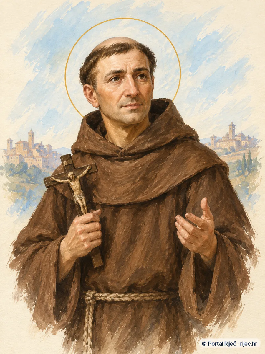 Sveti Jakov Markijski u smedjem franjevackom habitu, drzi mali kriz - ilustracija