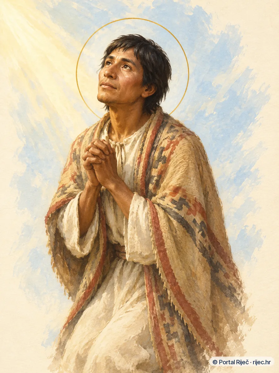 Sveti Juan Diego u tkanom platnu tilmi, klecec spojenih ruku pred blagom svjetloscu - ilustracija