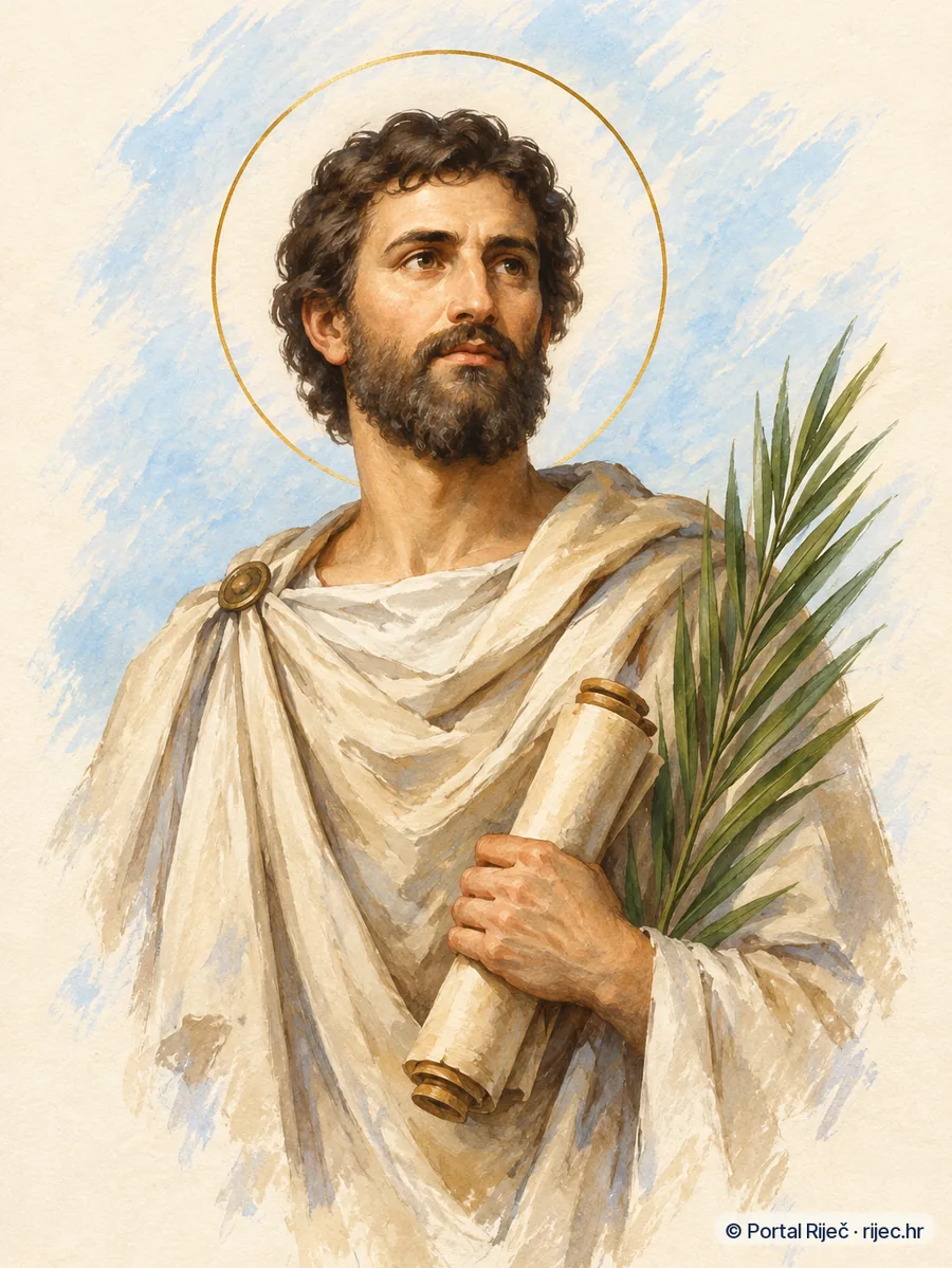 Sveti Justin u grckom filozofskom plastu preko tunike, drzi svitak i palmu mucenistva - ilustracija